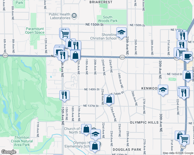 map of restaurants, bars, coffee shops, grocery stores, and more near 14046 20th Avenue Northeast in Seattle