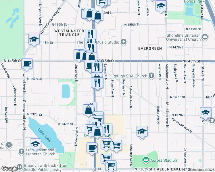 map of restaurants, bars, coffee shops, grocery stores, and more near 14038 Lenora Place North in Seattle