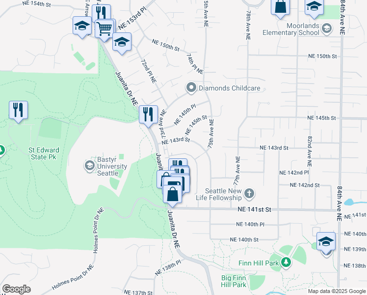 map of restaurants, bars, coffee shops, grocery stores, and more near 14160 74th Place Northeast in Kirkland