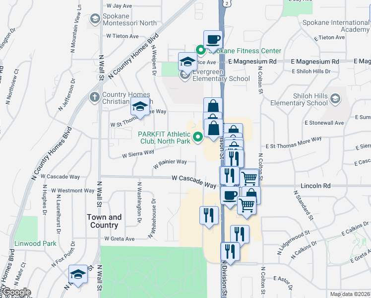map of restaurants, bars, coffee shops, grocery stores, and more near 8121 North Division Street in Spokane