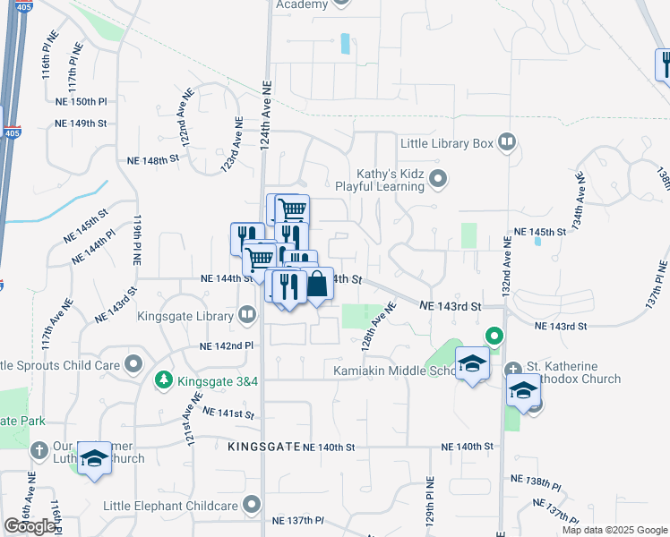 map of restaurants, bars, coffee shops, grocery stores, and more near 12624 Northeast 144th Street in Kirkland