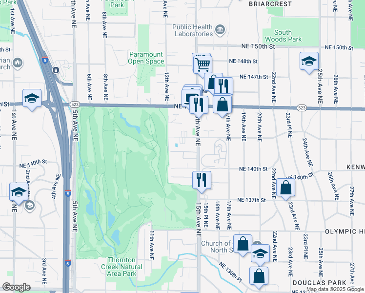 map of restaurants, bars, coffee shops, grocery stores, and more near 14030 12th Avenue Northeast in Seattle
