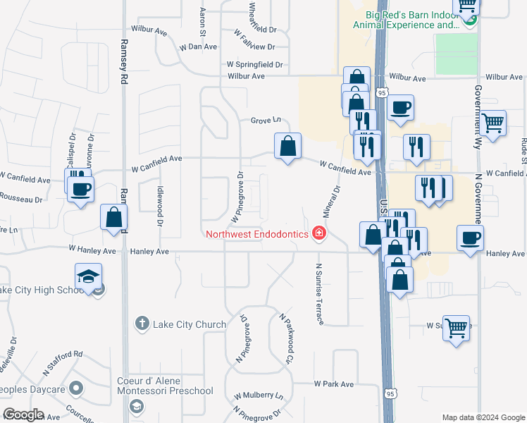 map of restaurants, bars, coffee shops, grocery stores, and more near 6670 Spurwing Loop in Coeur d'Alene