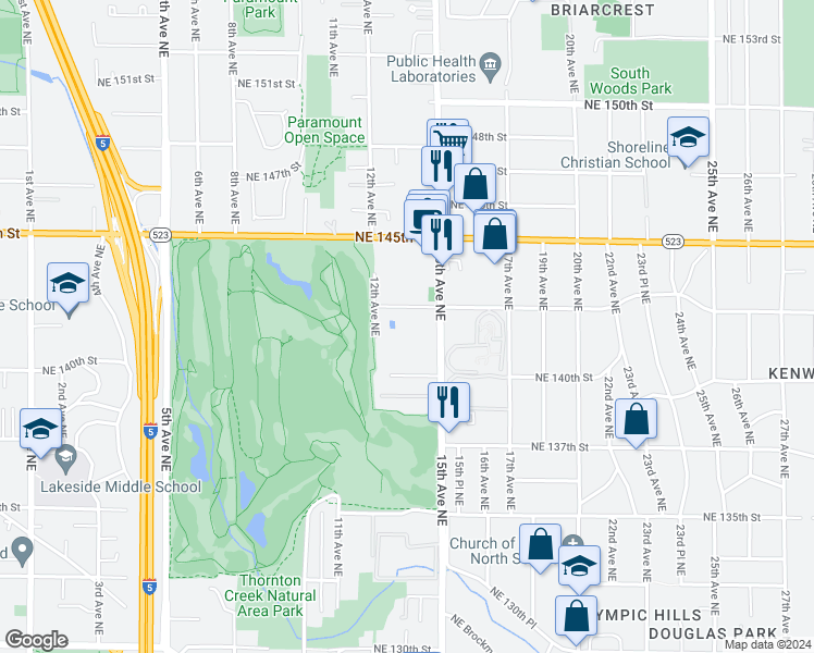 map of restaurants, bars, coffee shops, grocery stores, and more near 14030 12th Avenue Northeast in Seattle