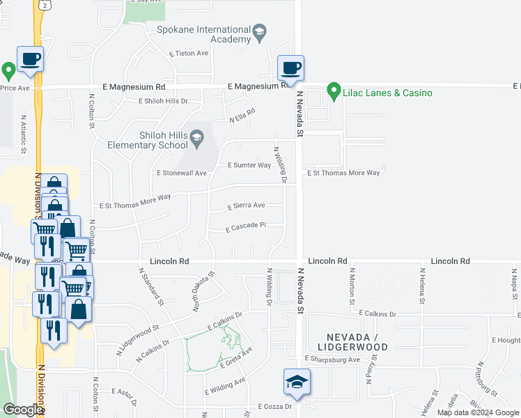 map of restaurants, bars, coffee shops, grocery stores, and more near 802 East Sierra Avenue in Spokane