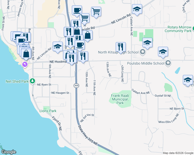 map of restaurants, bars, coffee shops, grocery stores, and more near 18563 11th Avenue Northeast in Poulsbo