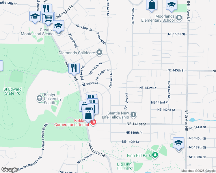 map of restaurants, bars, coffee shops, grocery stores, and more near 7444 Northeast 143rd Street in Kirkland