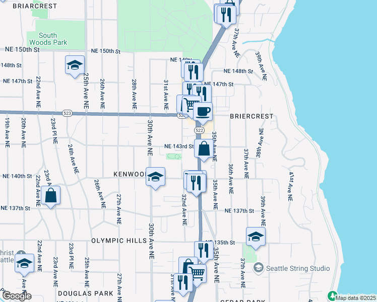 map of restaurants, bars, coffee shops, grocery stores, and more near 3215 Northeast 143rd Street in Seattle
