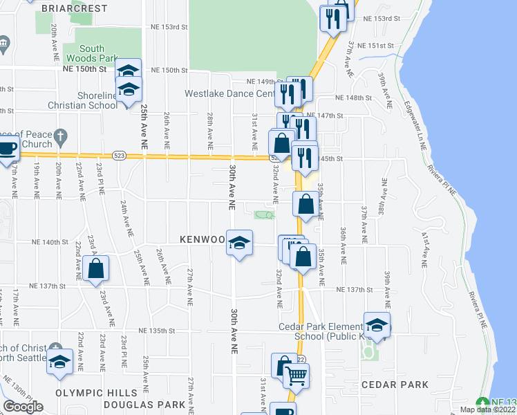 map of restaurants, bars, coffee shops, grocery stores, and more near 3037 Northeast 143rd Street in Seattle