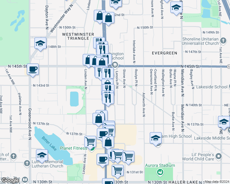 map of restaurants, bars, coffee shops, grocery stores, and more near 14038 Lenora Place North in Seattle