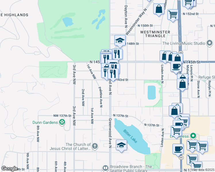 map of restaurants, bars, coffee shops, grocery stores, and more near 14034 Palatine Avenue North in Seattle
