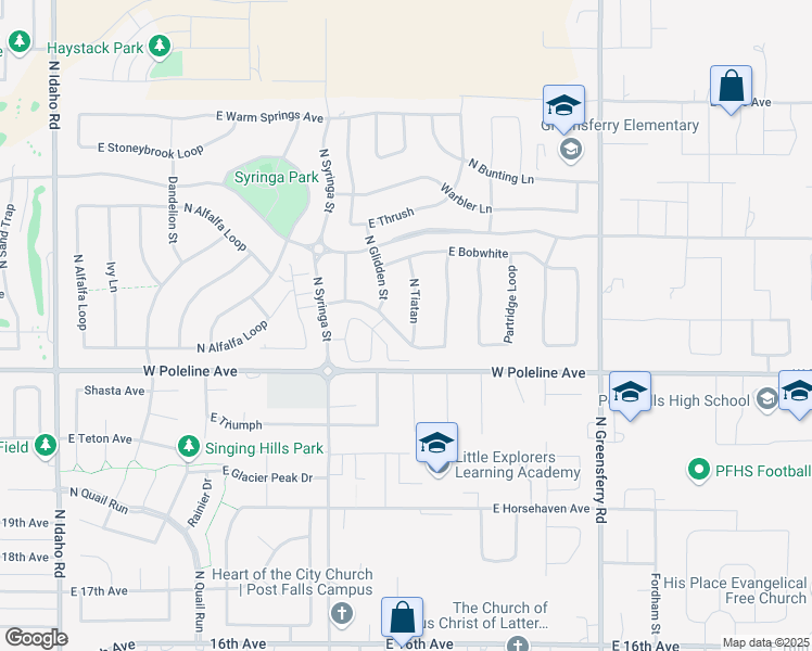 map of restaurants, bars, coffee shops, grocery stores, and more near 2535 Tiatan Street in Post Falls