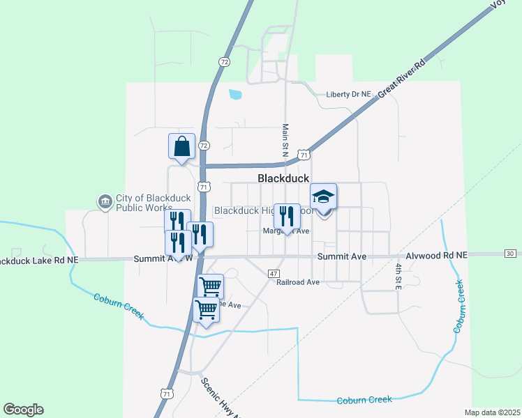 map of restaurants, bars, coffee shops, grocery stores, and more near 133 Main Street in Blackduck