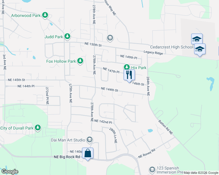 map of restaurants, bars, coffee shops, grocery stores, and more near 27918 Northeast 144th Street in Duvall