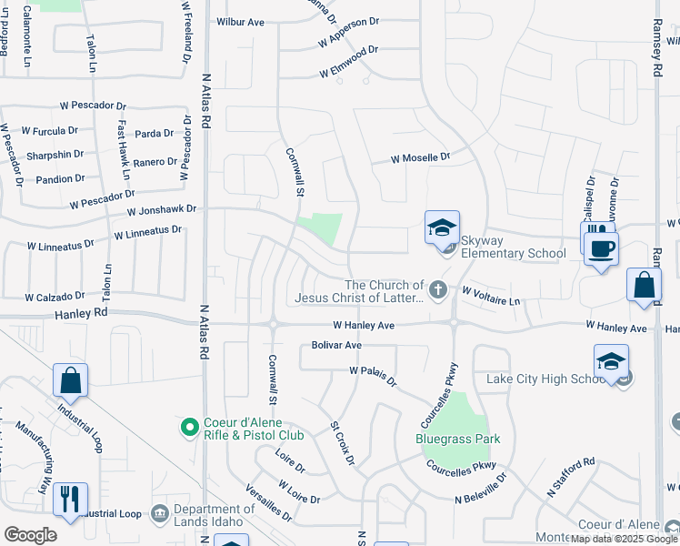 map of restaurants, bars, coffee shops, grocery stores, and more near 2643 Dumont Drive in Coeur d'Alene