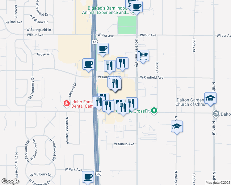 map of restaurants, bars, coffee shops, grocery stores, and more near 200 West Hanley Avenue in Coeur d'Alene