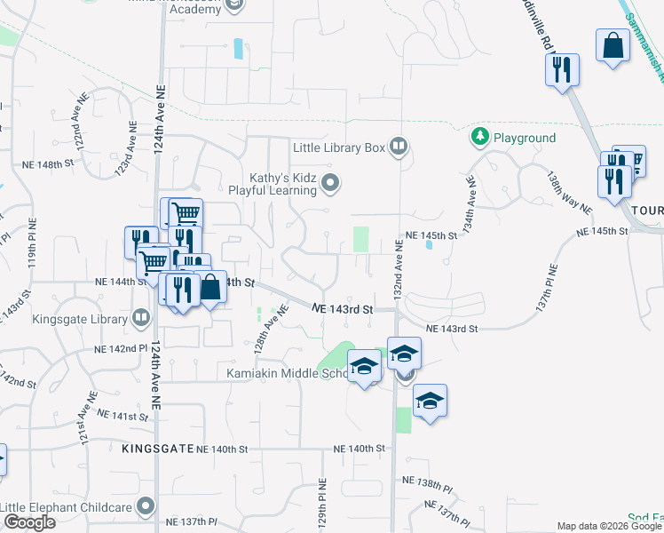 map of restaurants, bars, coffee shops, grocery stores, and more near 12852 Northeast 144th Way in Kirkland