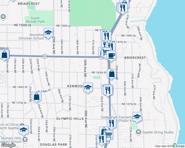 map of restaurants, bars, coffee shops, grocery stores, and more near 3037 Northeast 143rd Street in Seattle