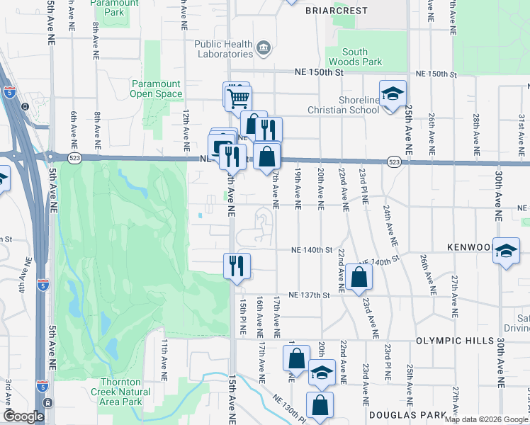 map of restaurants, bars, coffee shops, grocery stores, and more near 1613 Northeast 143rd Street in Seattle