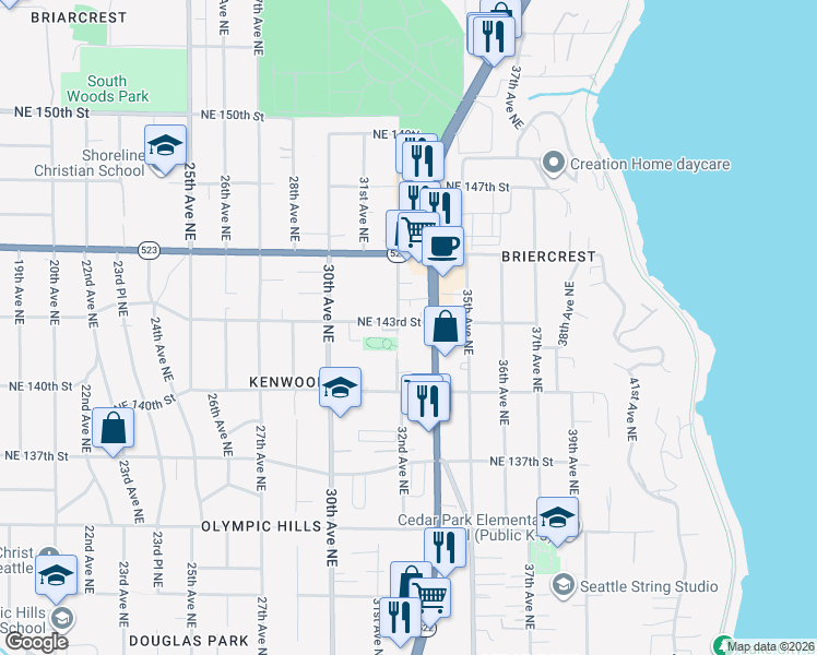 map of restaurants, bars, coffee shops, grocery stores, and more near 3215 Northeast 143rd Street in Seattle