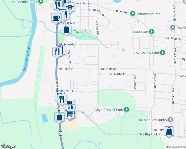 map of restaurants, bars, coffee shops, grocery stores, and more near 26711 Northeast 144th Court in Duvall
