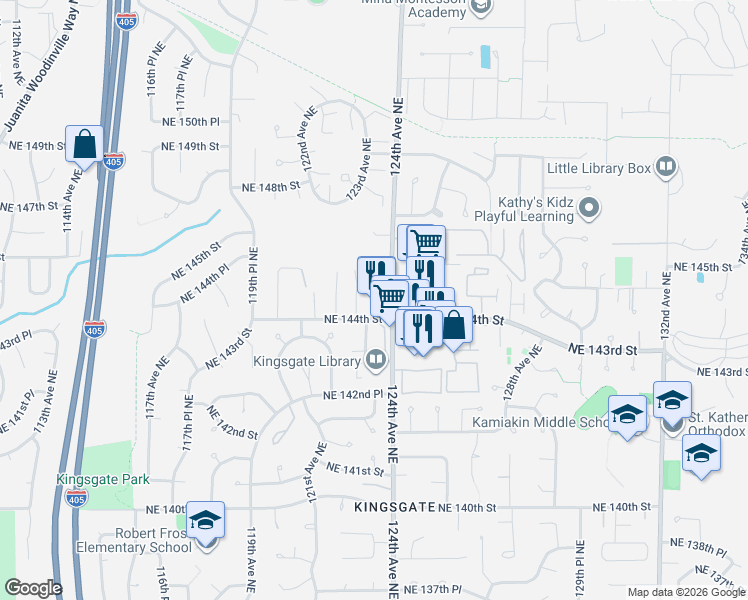 map of restaurants, bars, coffee shops, grocery stores, and more near 14417 124th Avenue Northeast in Kirkland