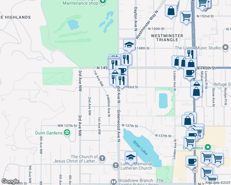 map of restaurants, bars, coffee shops, grocery stores, and more near 14034 Palatine Avenue North in Seattle