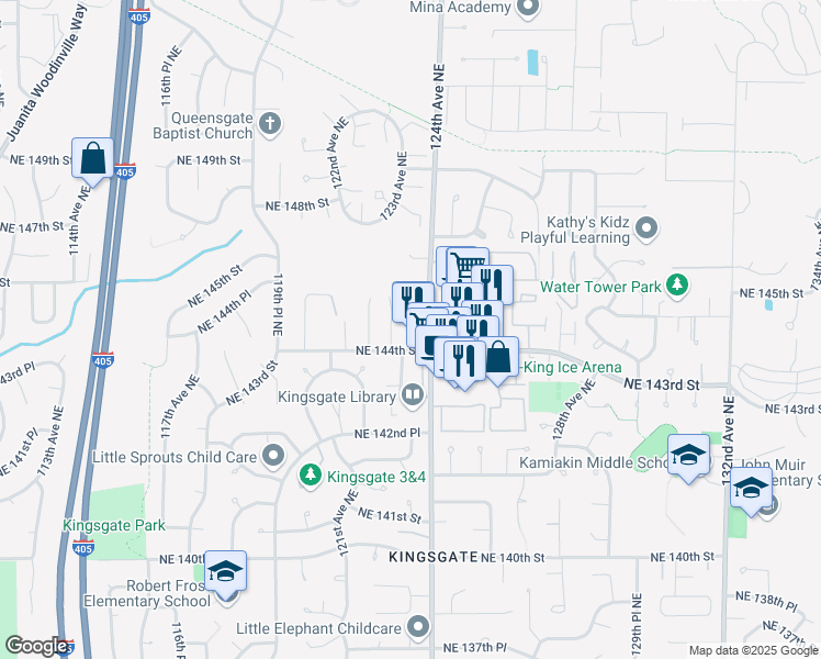map of restaurants, bars, coffee shops, grocery stores, and more near 12304 Northeast 144th Street in Kirkland