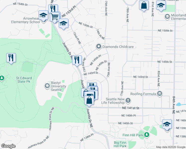 map of restaurants, bars, coffee shops, grocery stores, and more near 7327 Northeast 143rd Street in Kirkland