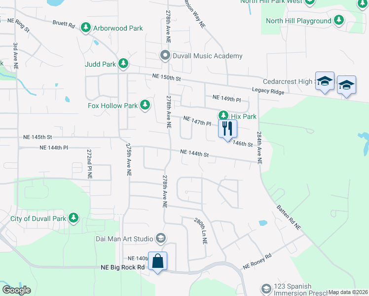 map of restaurants, bars, coffee shops, grocery stores, and more near 27826 Northeast 144th Street in Duvall