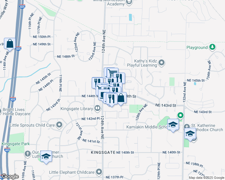 map of restaurants, bars, coffee shops, grocery stores, and more near 12519 Northeast 144th Street in Kirkland