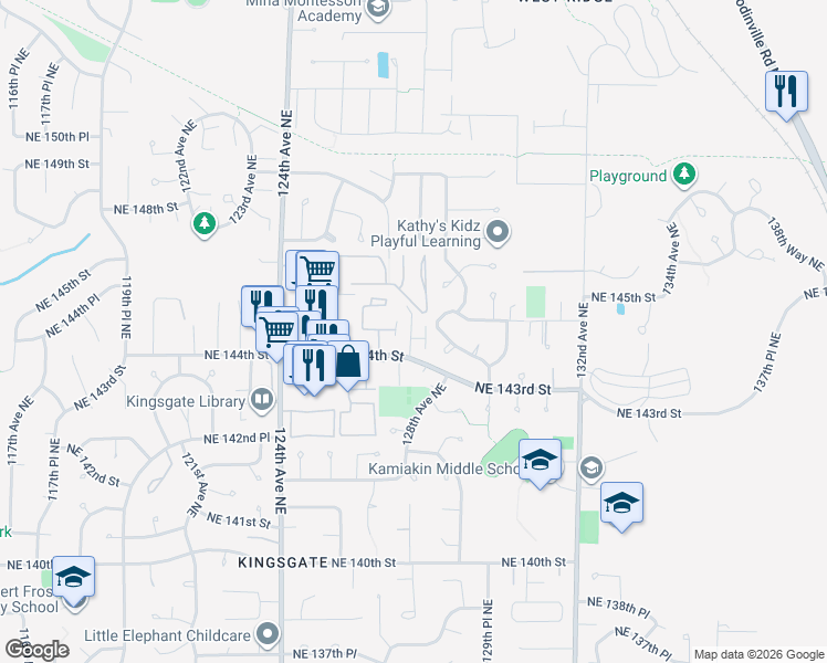 map of restaurants, bars, coffee shops, grocery stores, and more near 12724 Northeast 144th Street in Kirkland