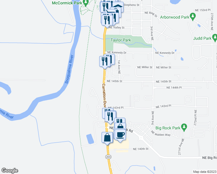 map of restaurants, bars, coffee shops, grocery stores, and more near 14434 Carnation Duvall Road Northeast in Duvall