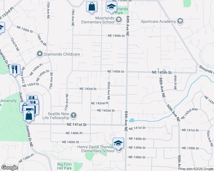 map of restaurants, bars, coffee shops, grocery stores, and more near 14311 82nd Avenue Northeast in Kirkland
