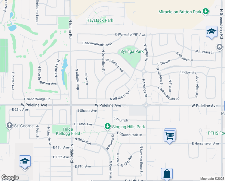 map of restaurants, bars, coffee shops, grocery stores, and more near 2310 North Bunchgrass Drive in Post Falls