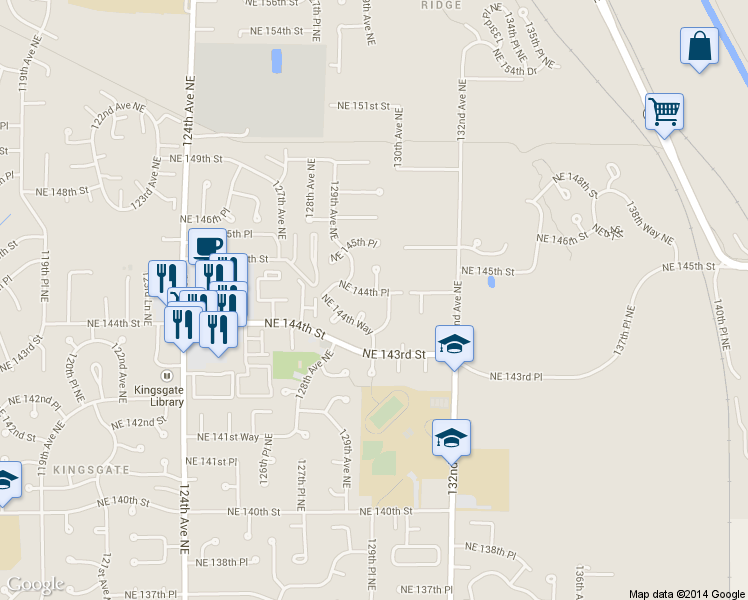 map of restaurants, bars, coffee shops, grocery stores, and more near 12923 Northeast 144th Place in Kirkland