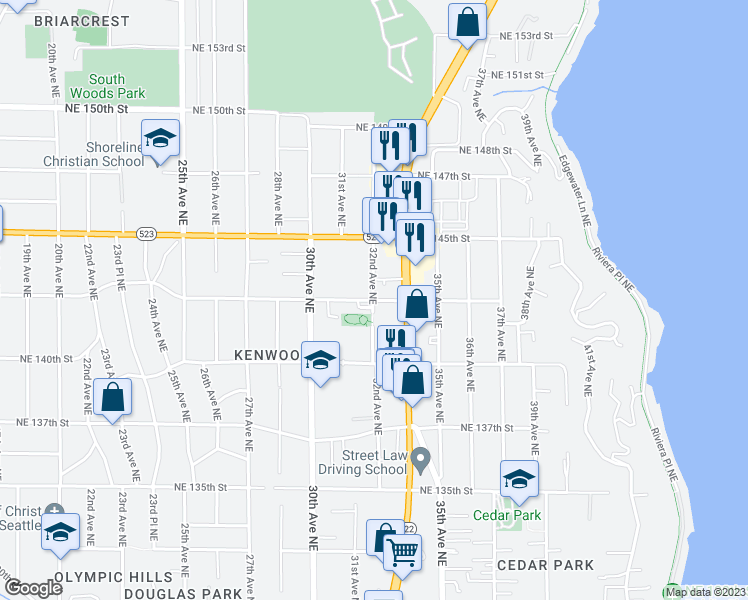 map of restaurants, bars, coffee shops, grocery stores, and more near 32nd Ave NE & NE 143rd St in Seattle