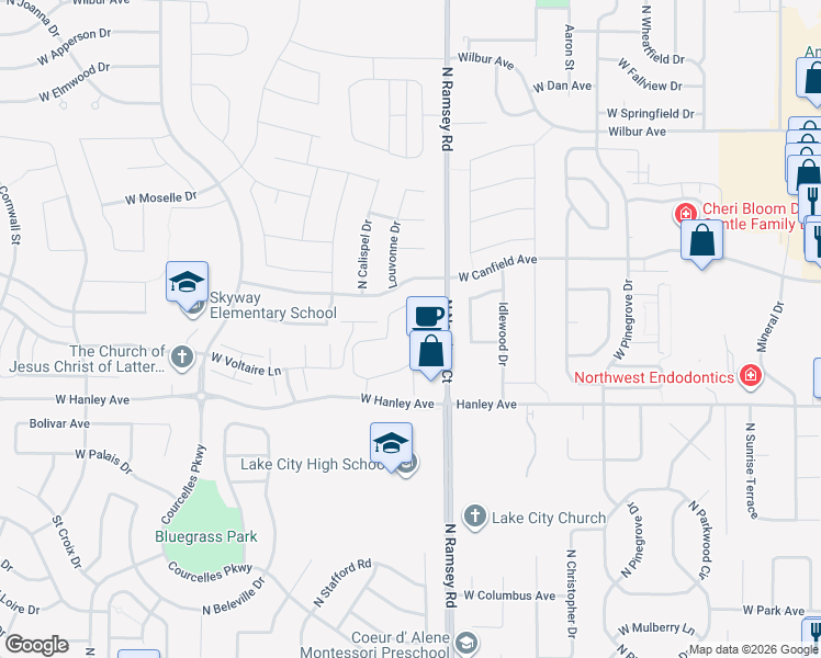 map of restaurants, bars, coffee shops, grocery stores, and more near 1681 Pampas Lane in Coeur d'Alene