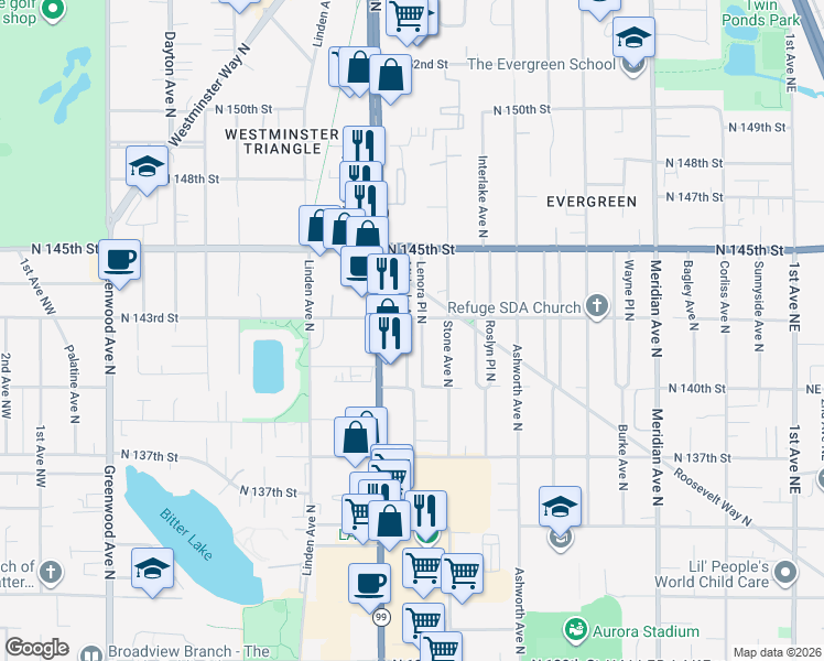 map of restaurants, bars, coffee shops, grocery stores, and more near 14031 Midvale Avenue North in Seattle