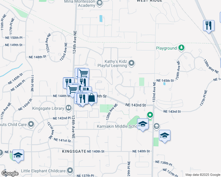 map of restaurants, bars, coffee shops, grocery stores, and more near 12724 Northeast 144th Street in Kirkland