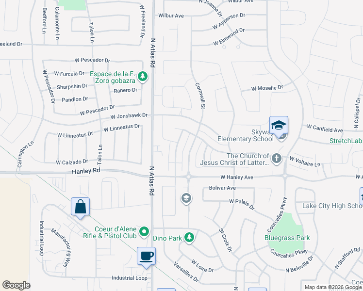 map of restaurants, bars, coffee shops, grocery stores, and more near 6554 North Descartes Drive in Coeur d'Alene