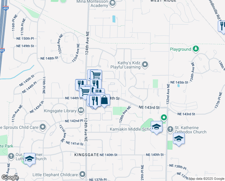 map of restaurants, bars, coffee shops, grocery stores, and more near 12648 Northeast 144th Street in Kirkland