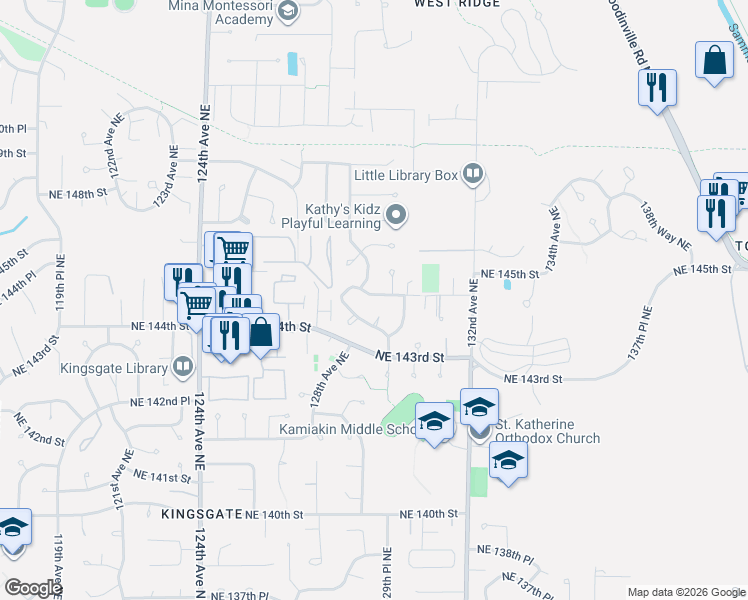 map of restaurants, bars, coffee shops, grocery stores, and more near 12913 Northeast 144th Place in Kirkland