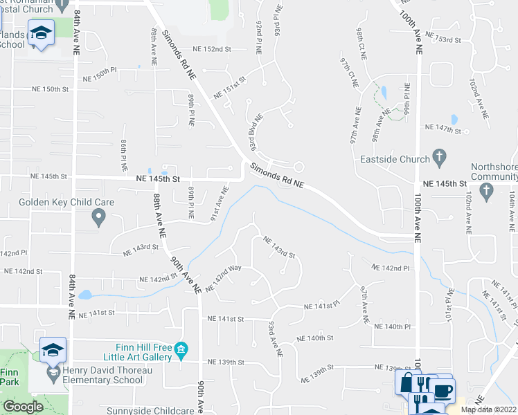 map of restaurants, bars, coffee shops, grocery stores, and more near 14340 93rd Avenue Northeast in Kirkland