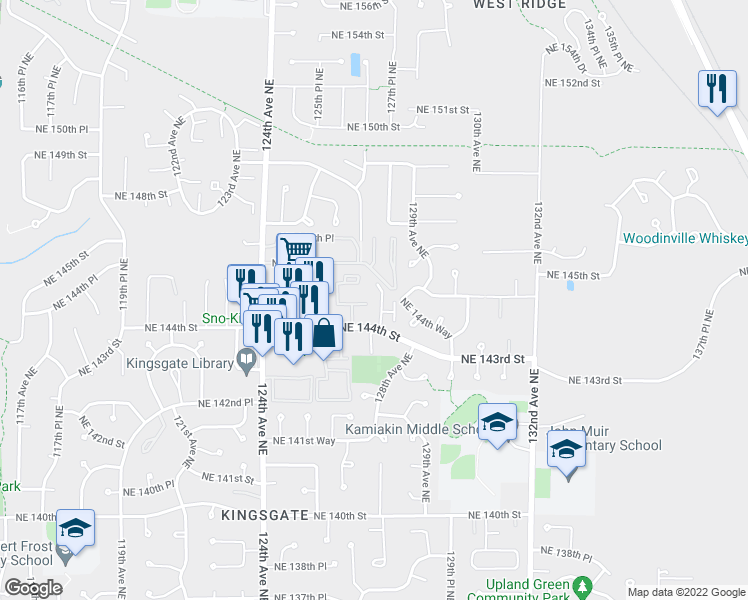 map of restaurants, bars, coffee shops, grocery stores, and more near 12708 Northeast 144th Street in Kirkland