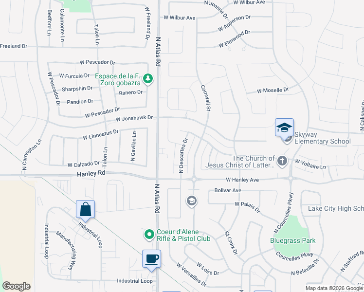 map of restaurants, bars, coffee shops, grocery stores, and more near 6554 North Descartes Drive in Coeur d'Alene