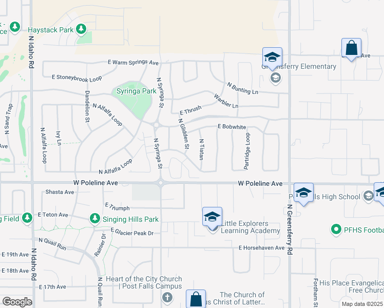 map of restaurants, bars, coffee shops, grocery stores, and more near 2535 Tiatan Street in Post Falls