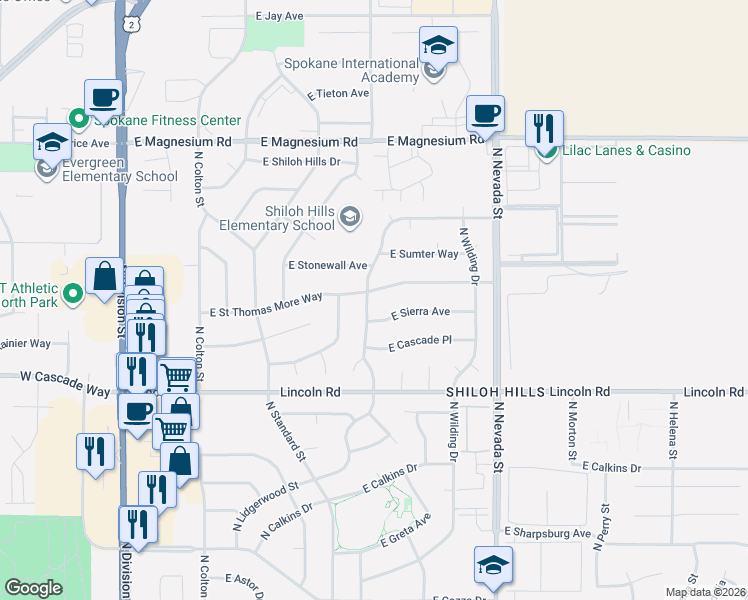 map of restaurants, bars, coffee shops, grocery stores, and more near 607 East Sierra Avenue in Spokane