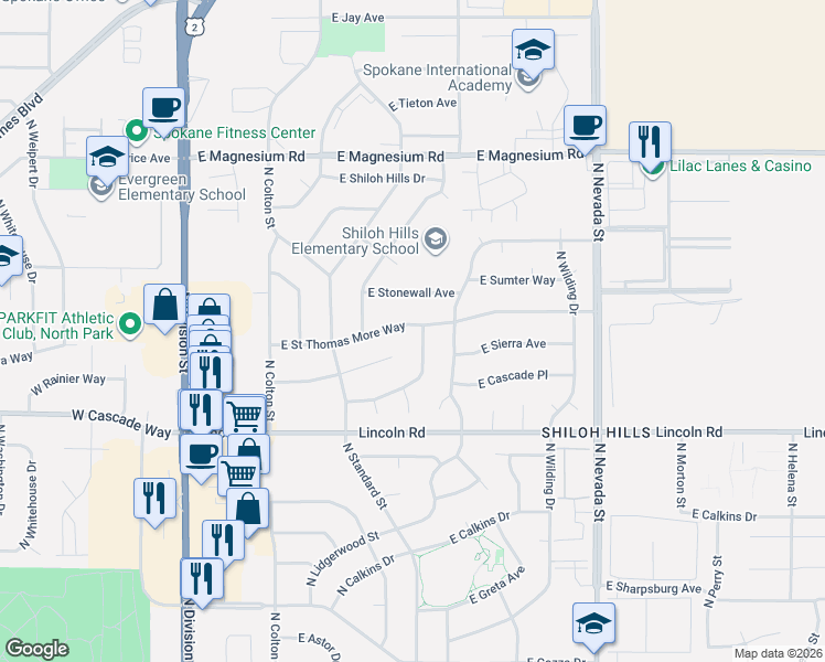 map of restaurants, bars, coffee shops, grocery stores, and more near 518 East Shenandoah Drive in Spokane