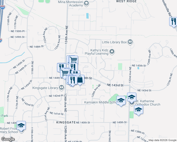 map of restaurants, bars, coffee shops, grocery stores, and more near 12624 Northeast 144th Street in Kirkland